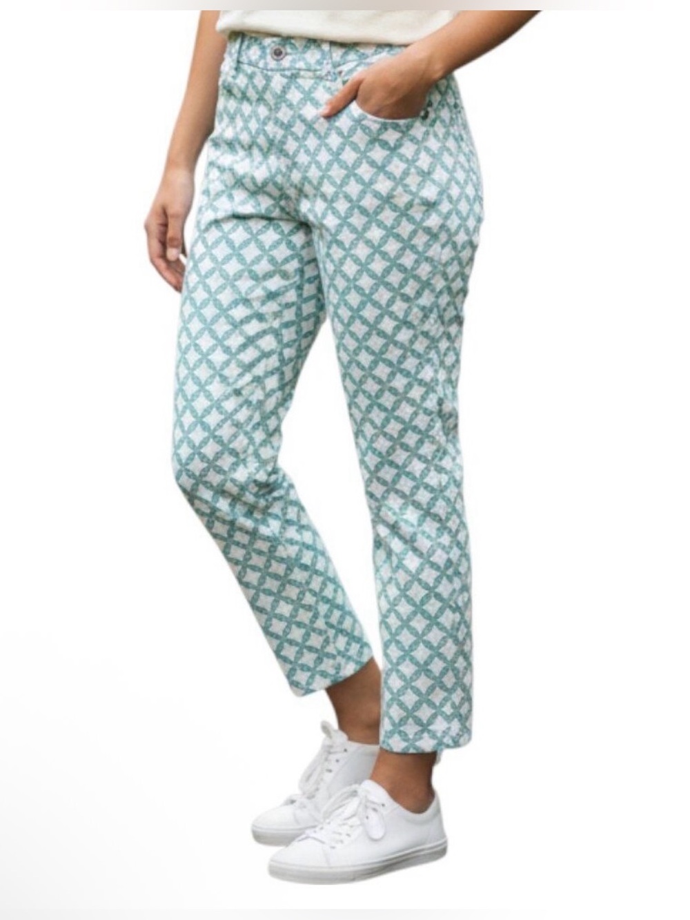 Vineyard Vines Size 6 Cropped Printed Straight-Leg Pants - Aqua/White